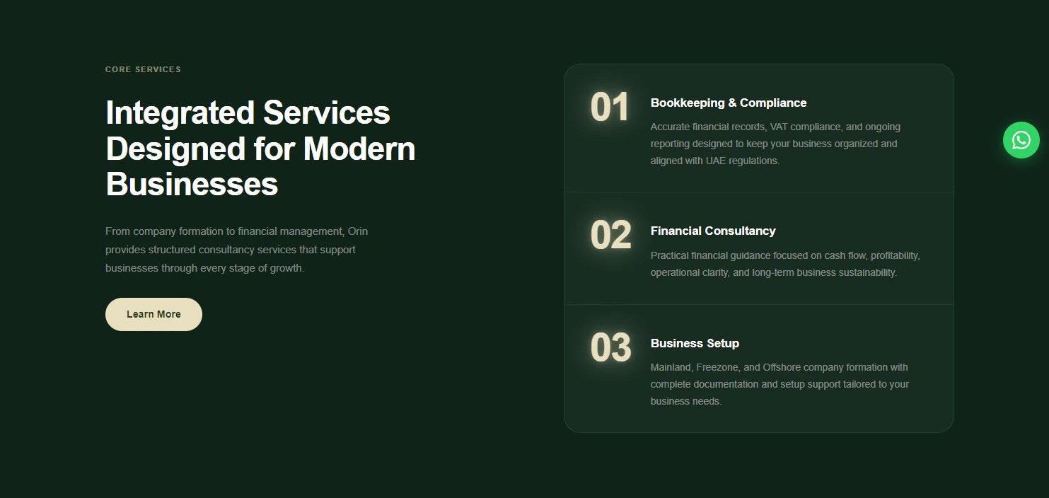 Orin integrated UAE consultancy services for bookkeeping and compliance, financial consultancy, and business setup.