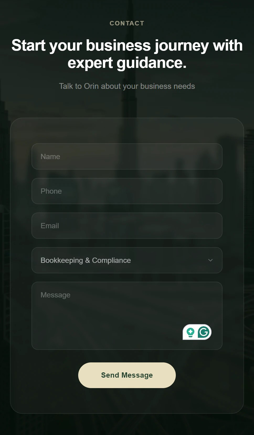 Orin UAE business consultancy mobile contact form for booking expert guidance and sending a service enquiry.
