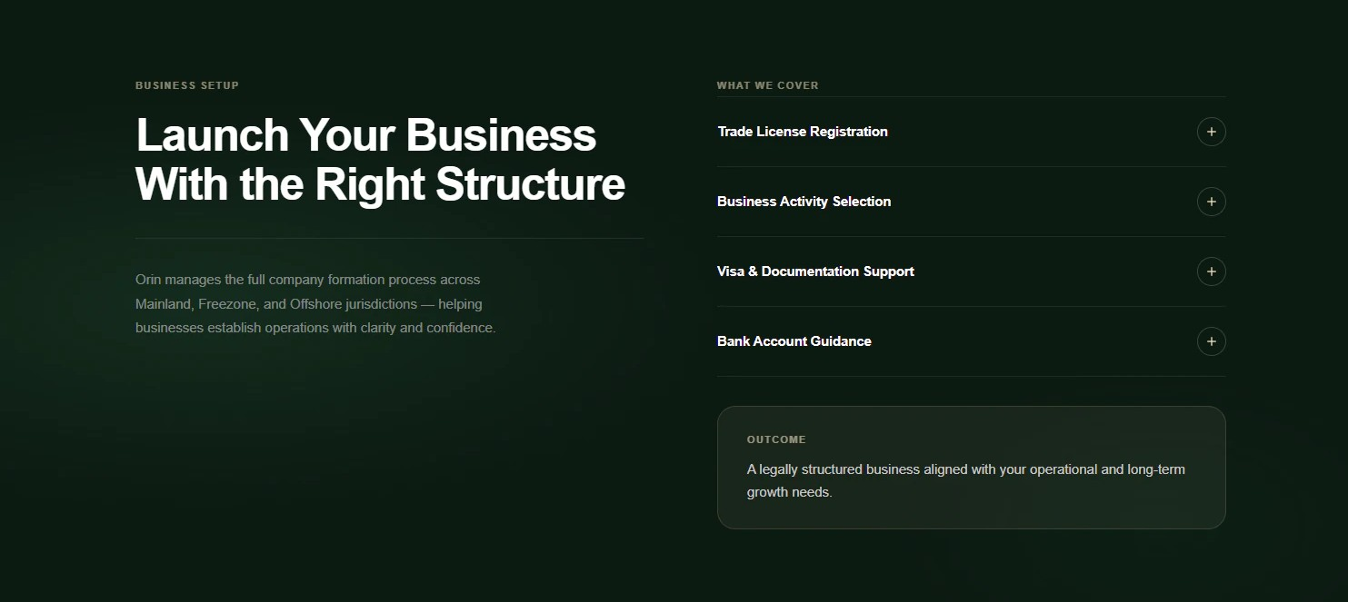 Orin UAE business setup services covering trade licenses, activity selection, visa documentation, and bank account guidance.
