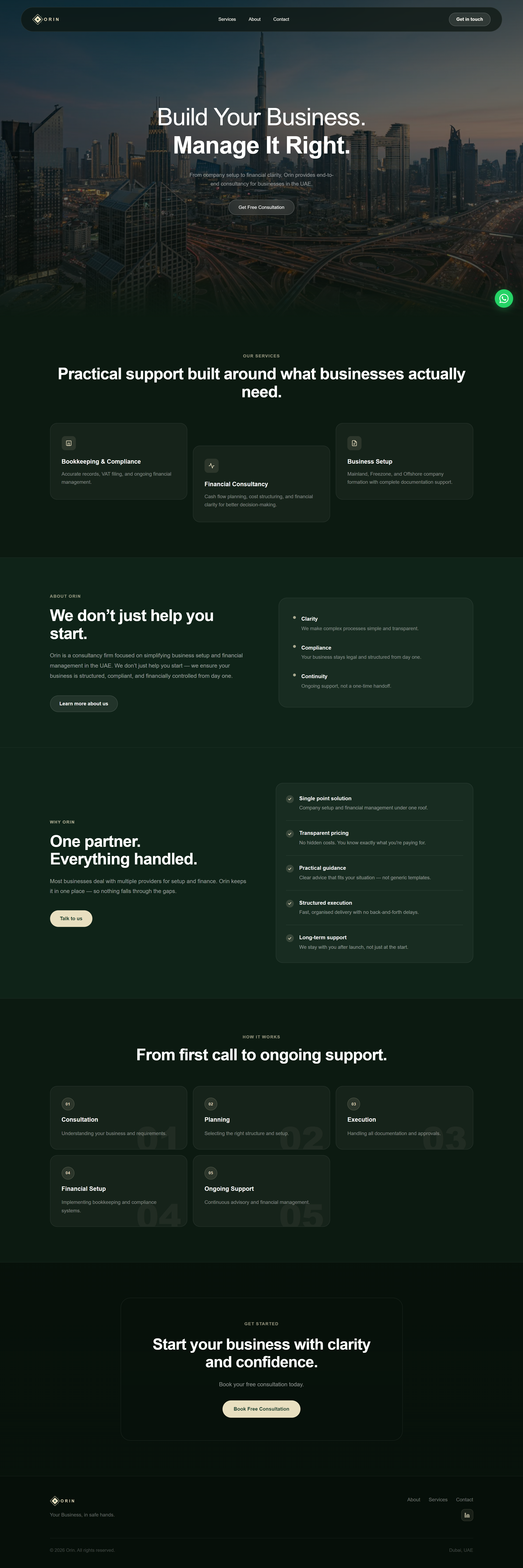 Orin UAE business consultancy website homepage design showing the desktop hero, navigation, and core services.