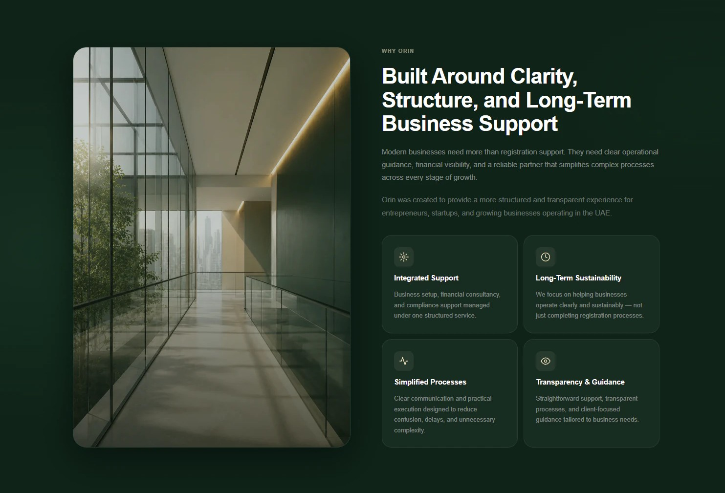 Why Orin website section explaining structured business support, financial visibility, compliance, and long-term sustainability.