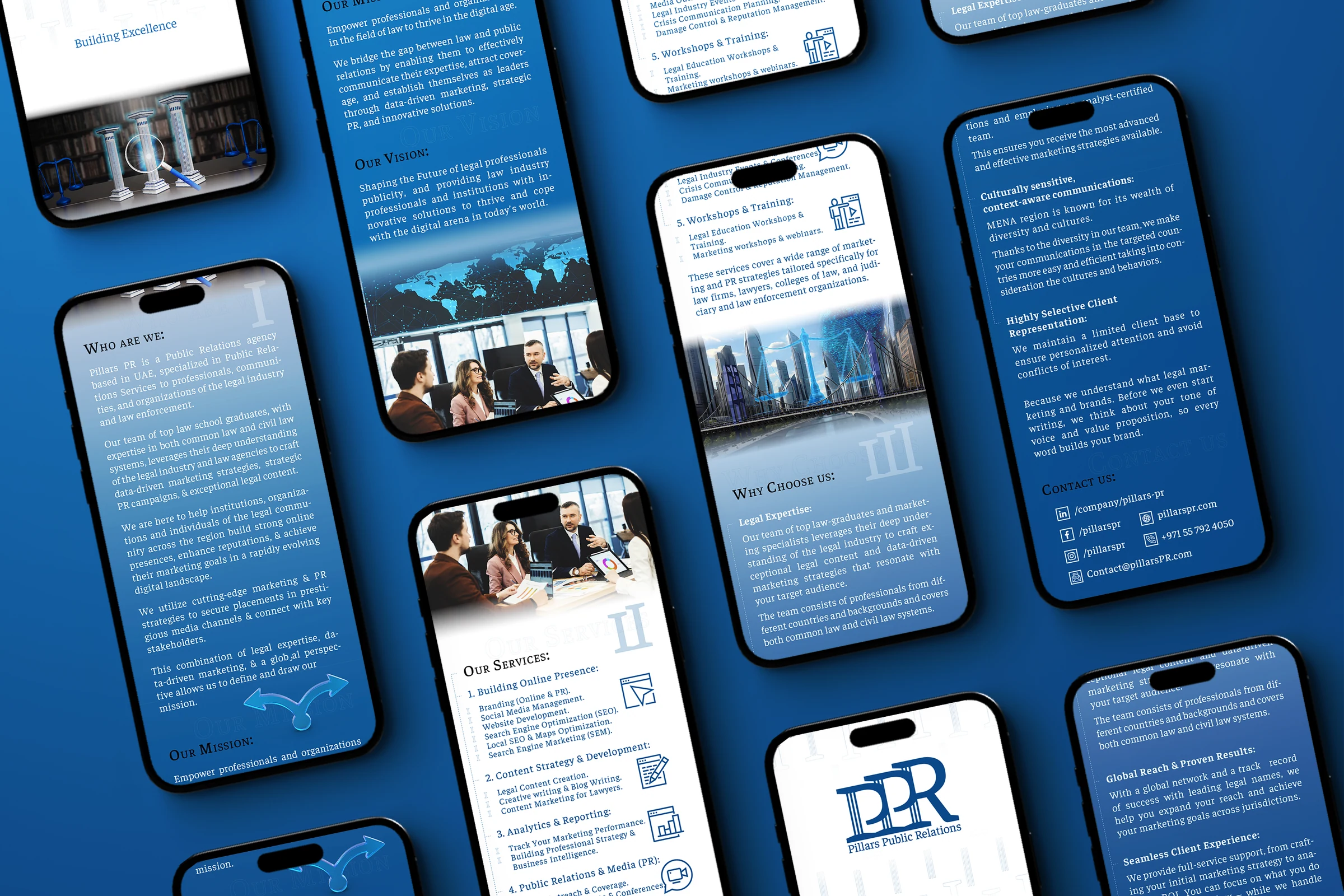 Pillars PR digital company profile displayed across mobile mockups, presenting the legal marketing agency's mission, vision, services, expertise, and contact information.