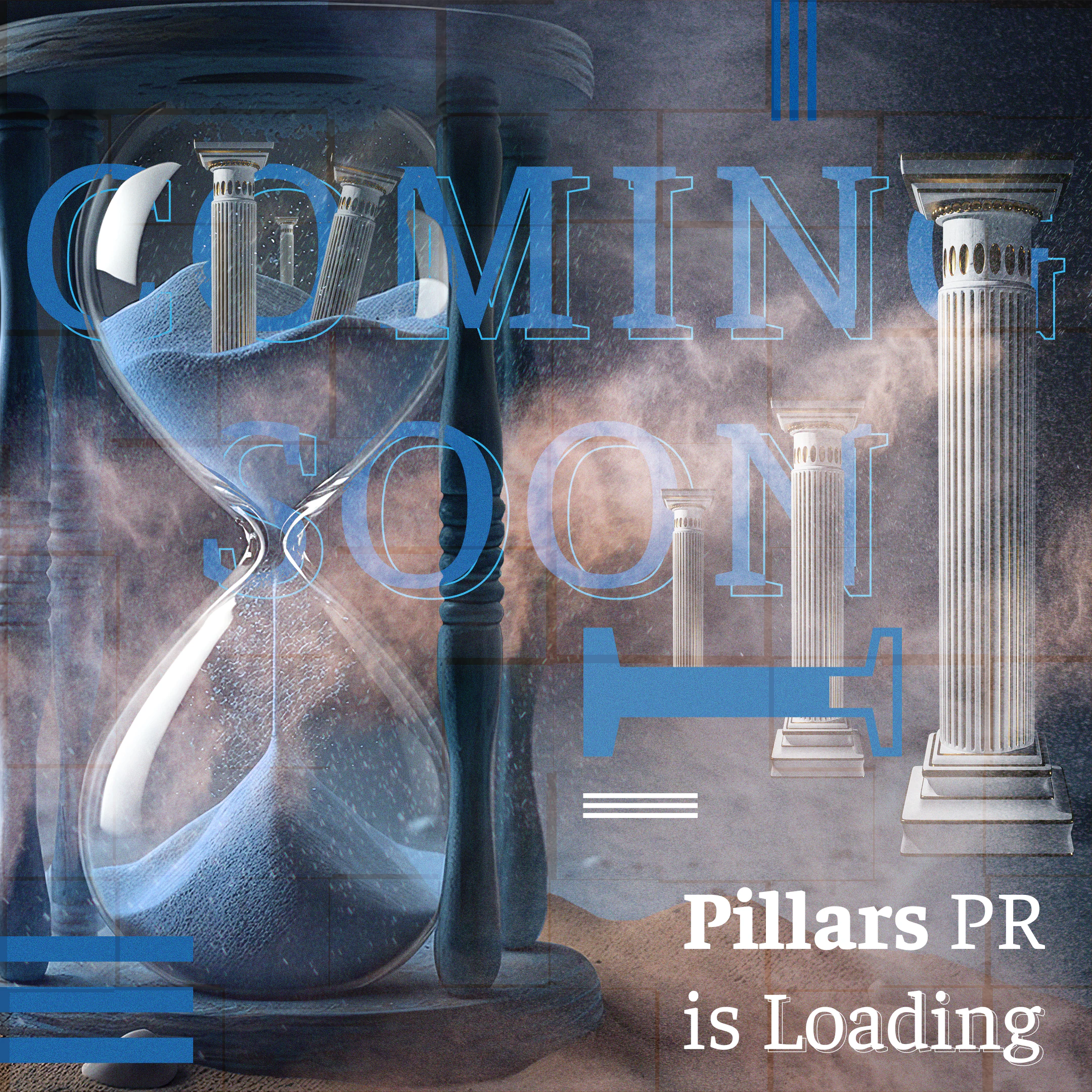 Pillars PR brand launch teaser featuring classical pillars and legal imagery.