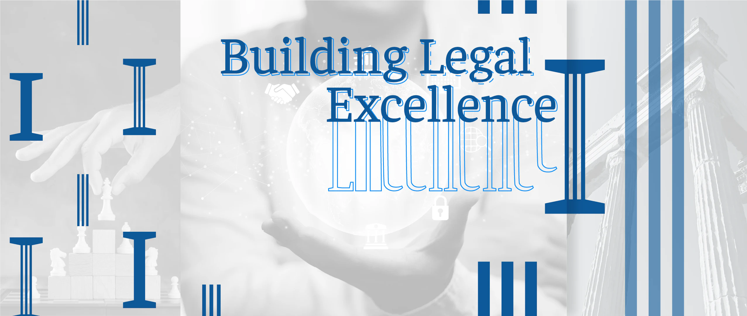 Pillars PR brand identity cover featuring the Building Legal Excellence message, classical column graphics, and a blue legal-sector visual system.