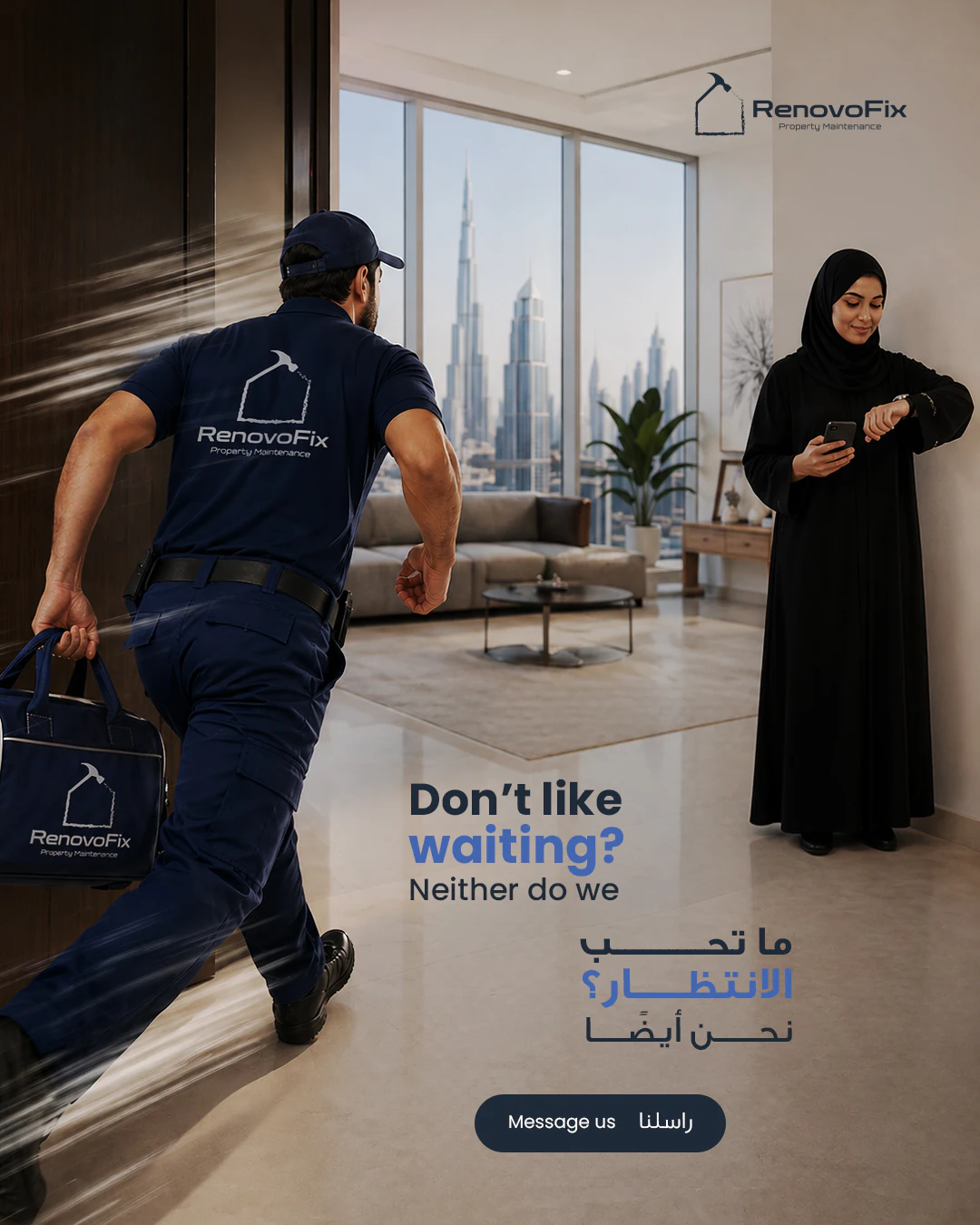 RenovoFix responsive property maintenance social post focused on reducing customer waiting time.