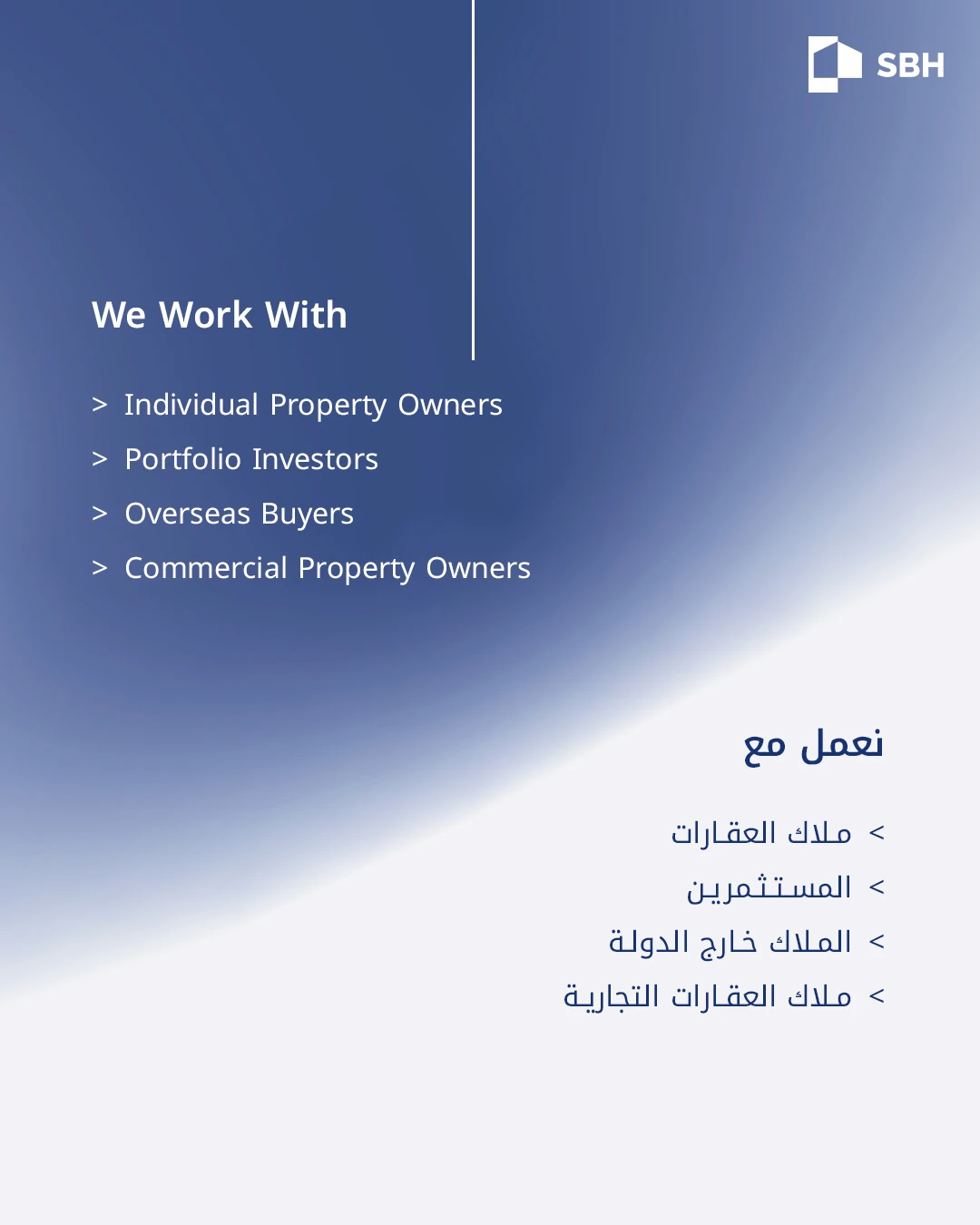 SBH carousel slide listing property owners, investors, buyers, and developers on a blue and white background.