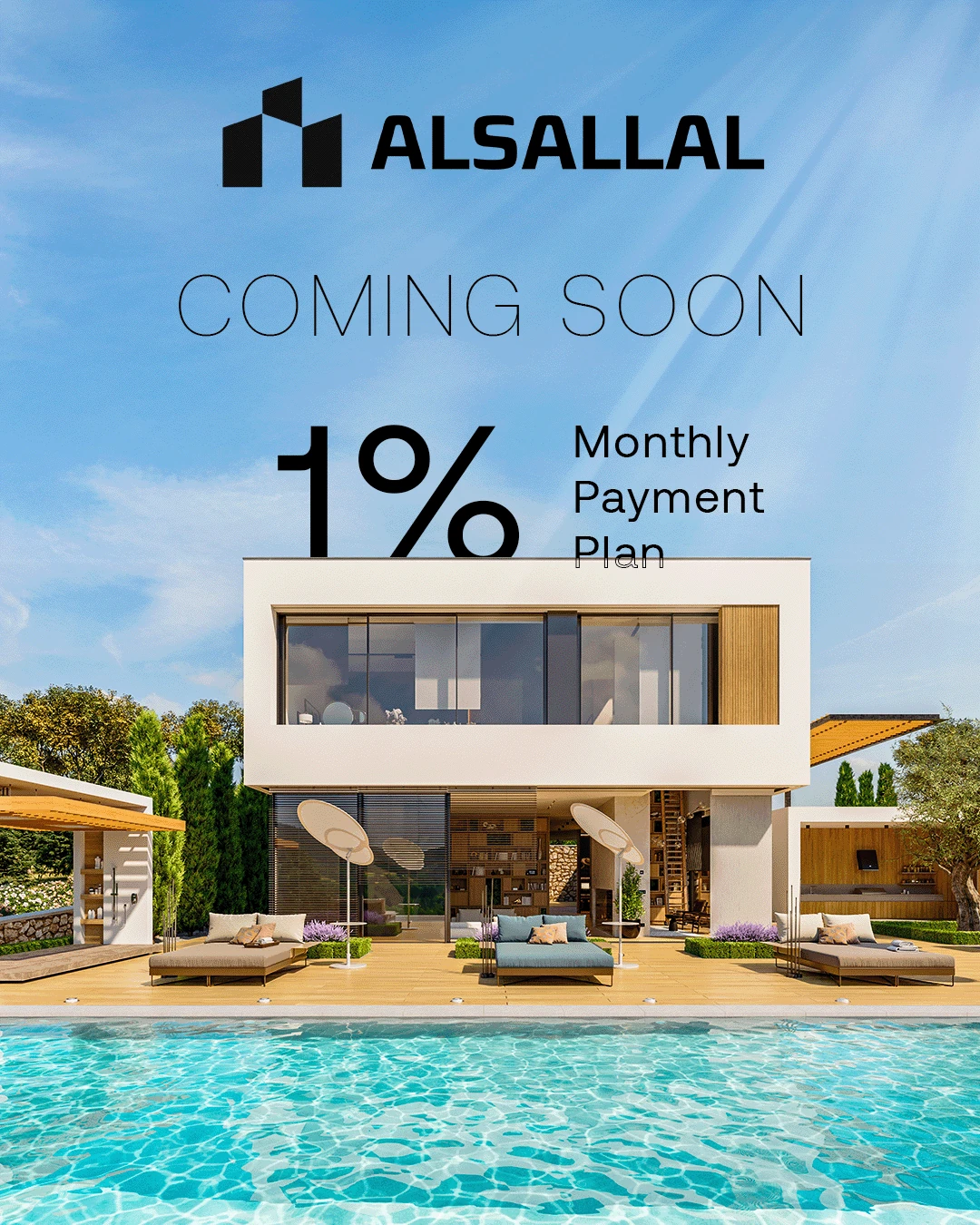 Alsallal property launch design showing a modern villa, swimming pool, and one-percent monthly payment headline.