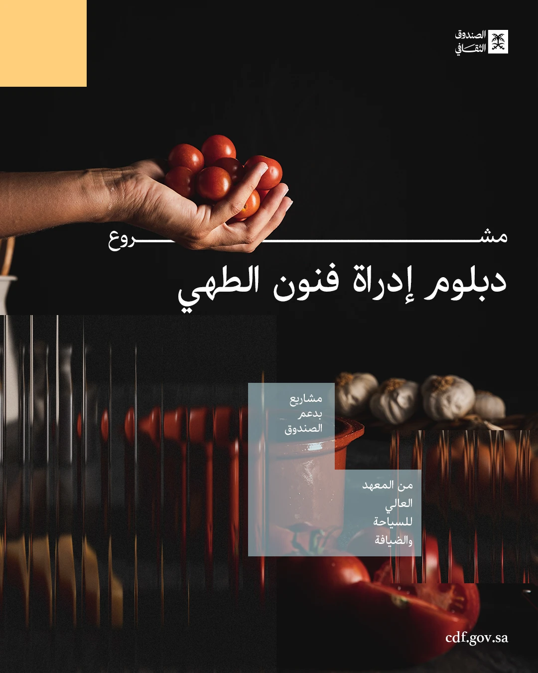 Cultural Development Fund culinary arts design showing a hand holding red onions against a dark background.