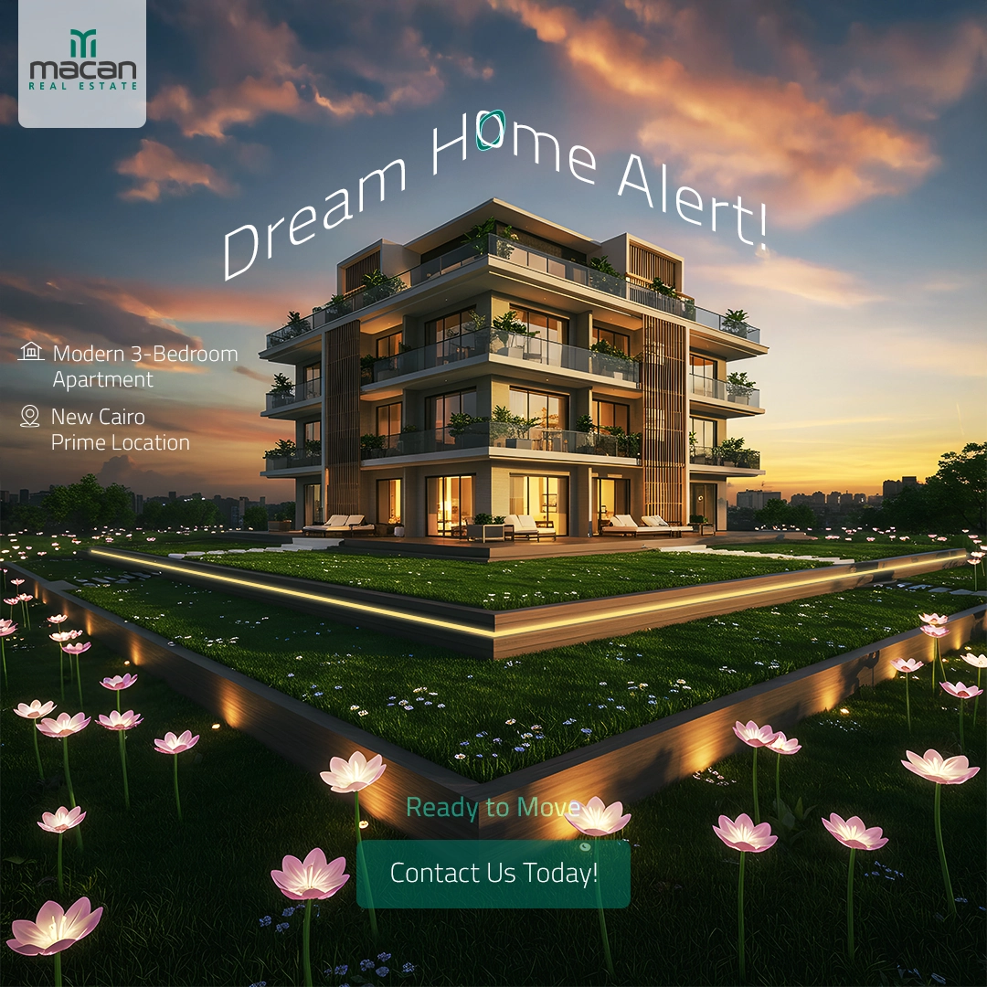 Macan Real Estate New Cairo apartment social media advertisement featuring a modern ready-to-move three-bedroom home at sunset.
