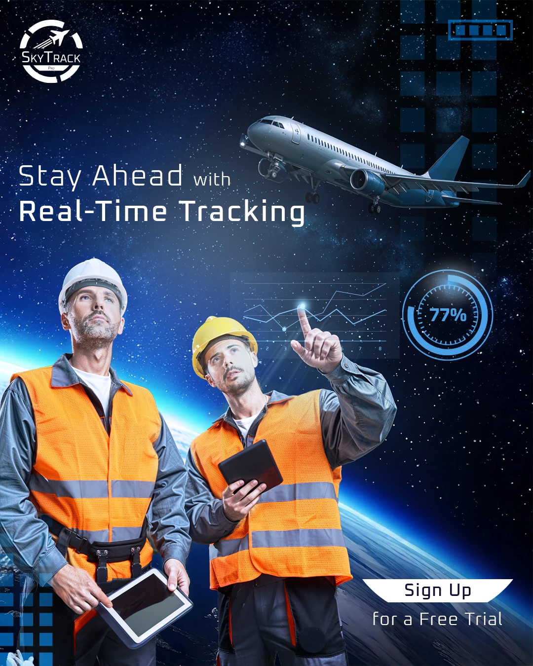 SkyTrack cargo tracking design showing two logistics workers, an aircraft, and digital tracking graphics.