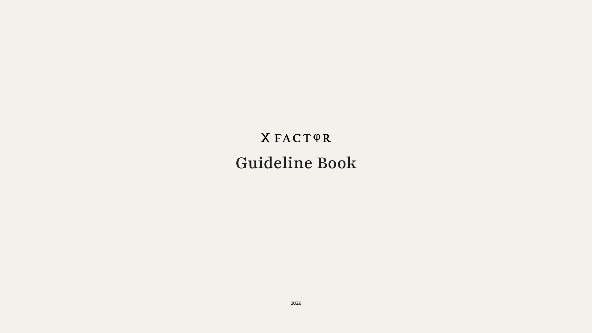 X Factor Interior Design brand guidelines book cover featuring the primary wordmark on a warm neutral background.