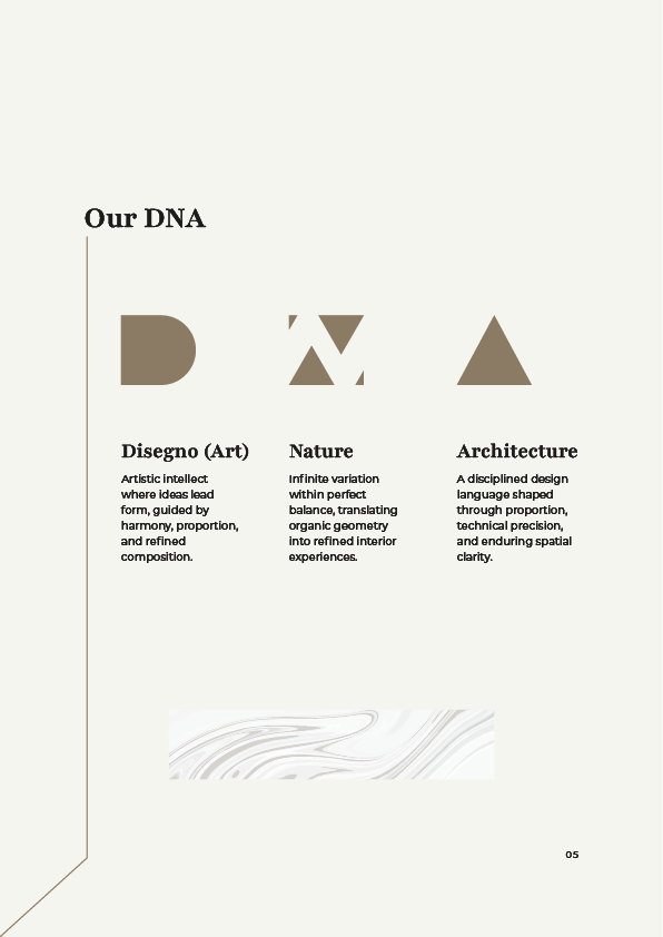 X Factor Interior Design company profile Brand DNA page combining art, nature, and architecture