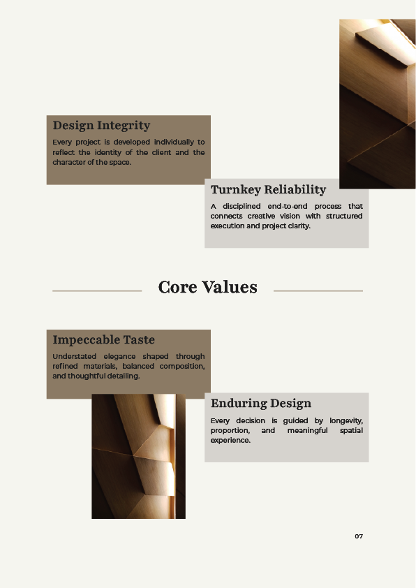X Factor Interior Design company profile core values page covering design integrity and turnkey reliability