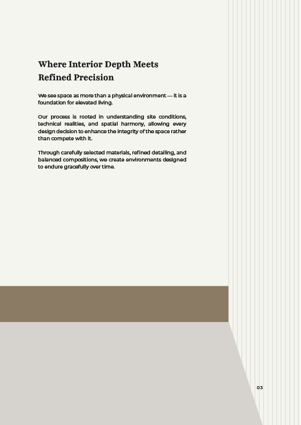 X Factor Interior Design company profile editorial page about interior depth and refined precision