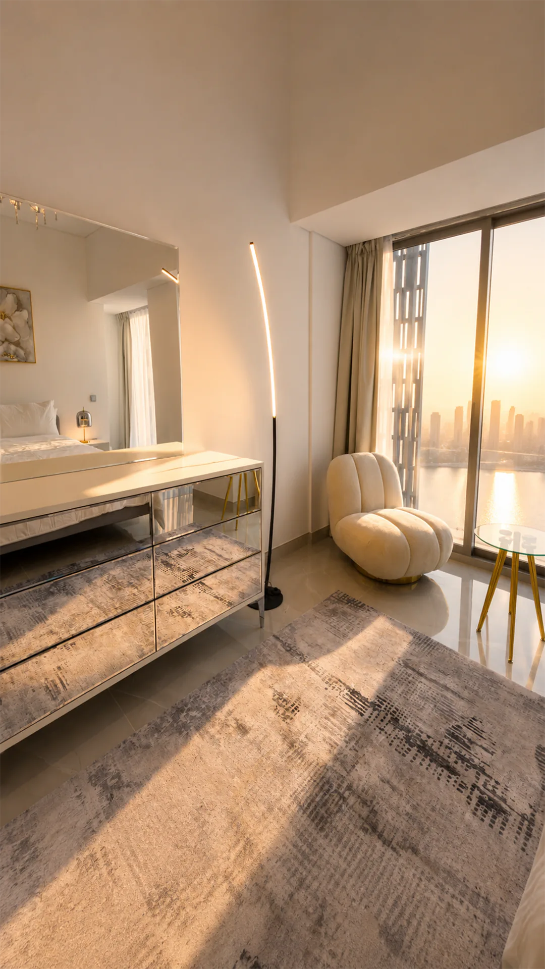 Dubai bedroom interior after golden-hour colour grading and professional photo retouching for X Factor Interior Design