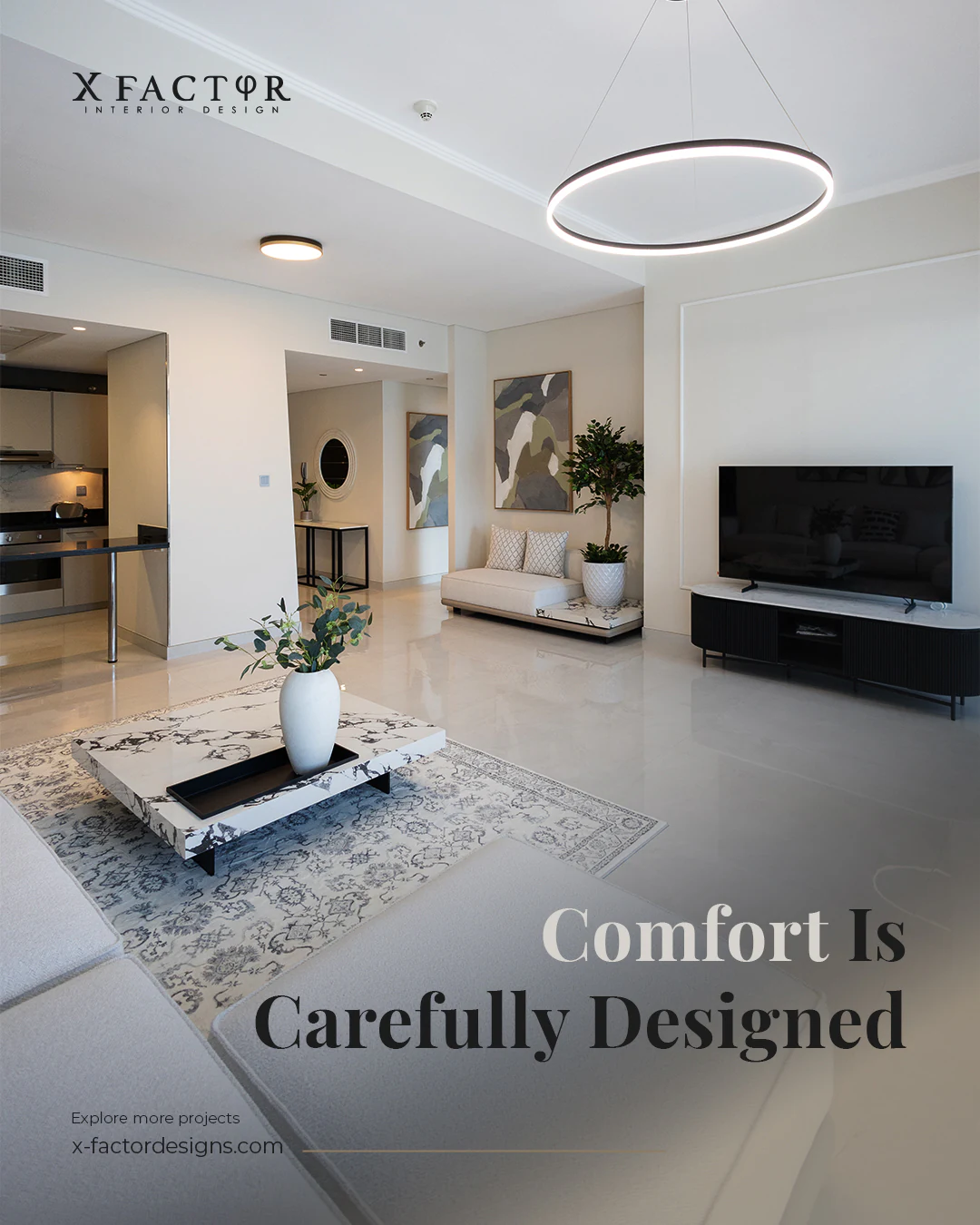Luxury residential interior design social media graphic about carefully designed comfort in Dubai