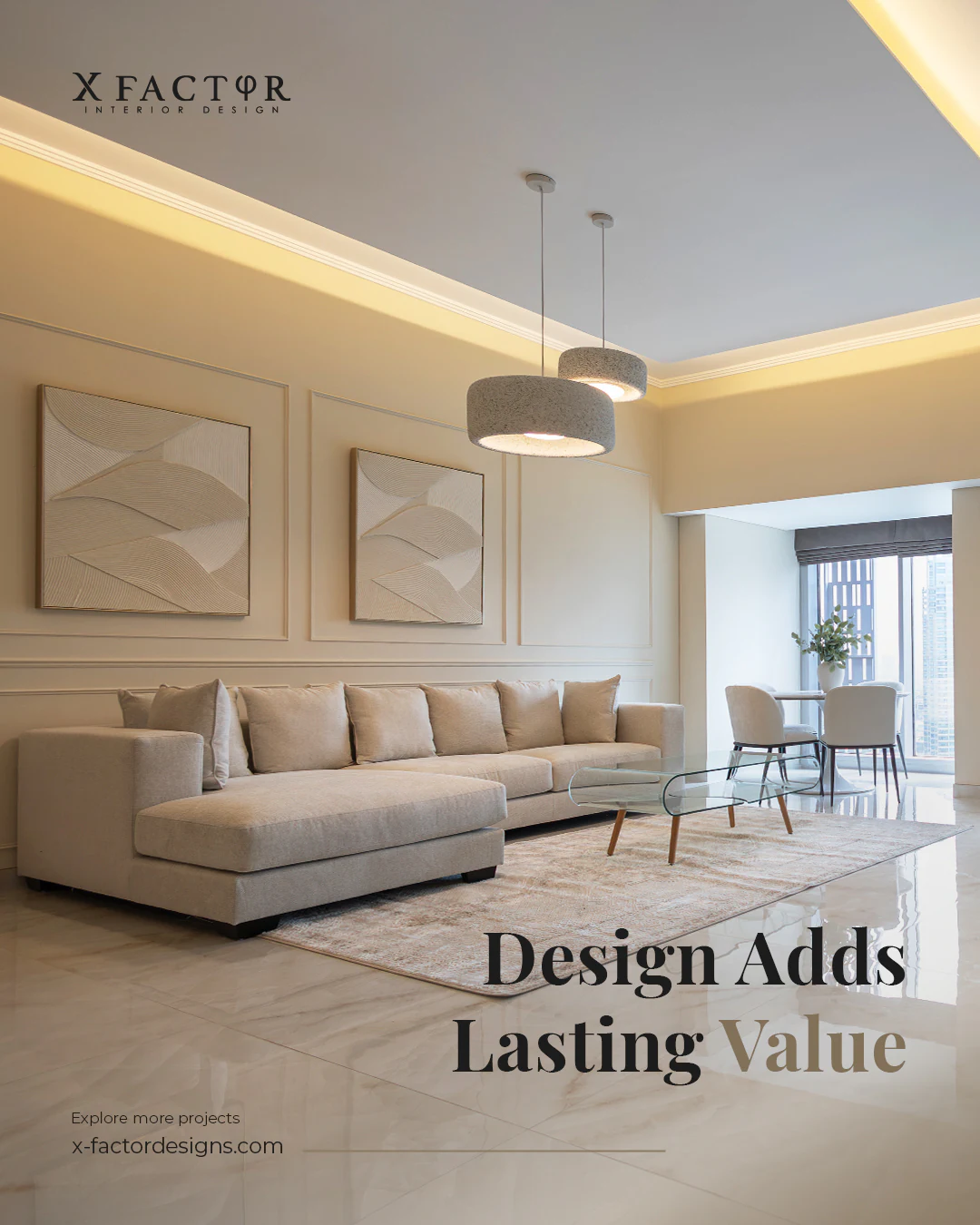 Luxury interior design social media graphic about adding lasting value to Dubai homes