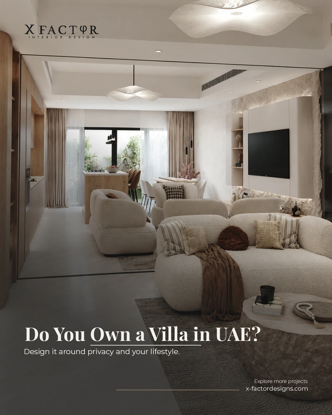 Luxury villa interior design social media graphic for Dubai homeowners