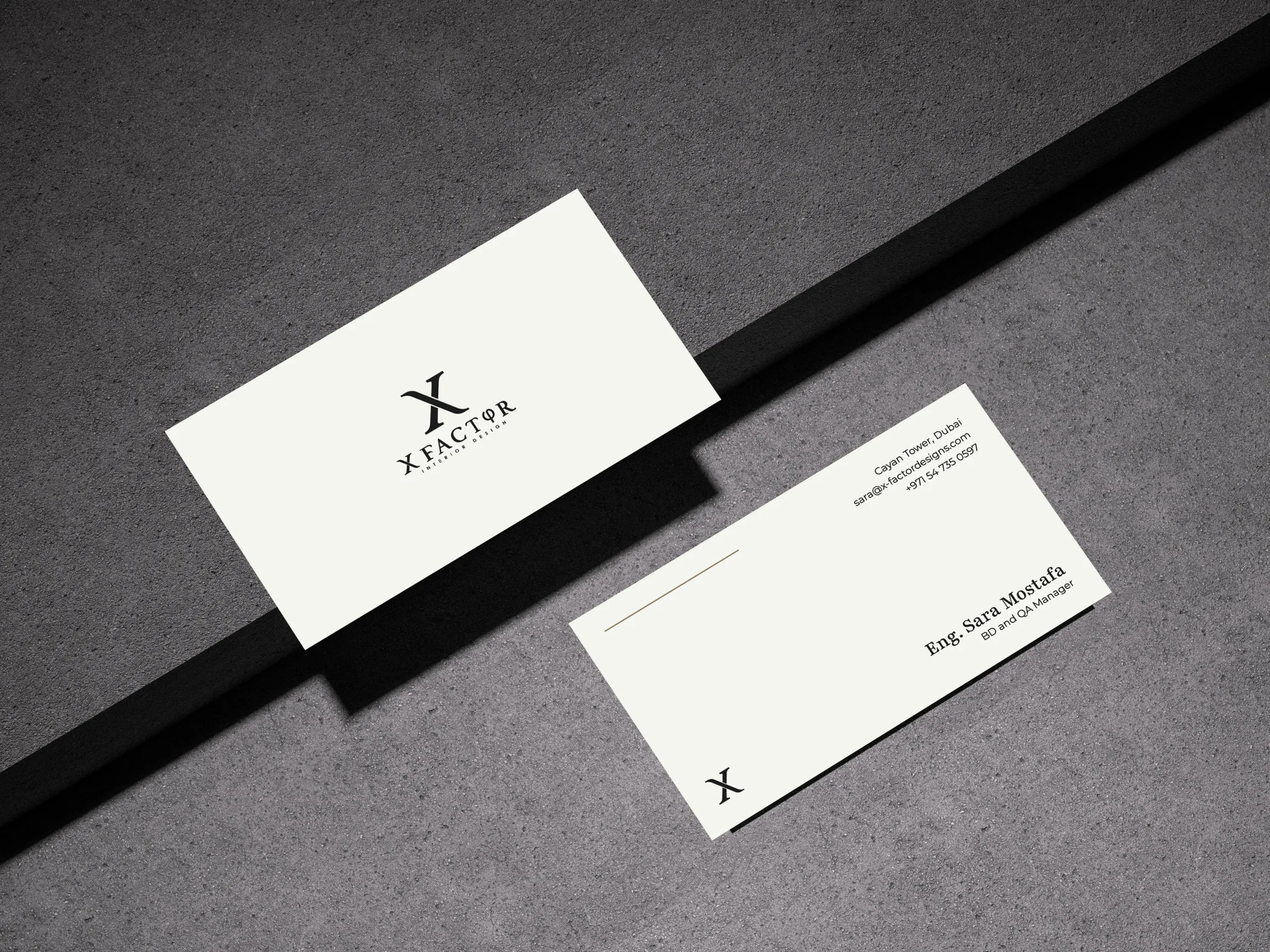 X Factor Interior Design business card branding mockup for a luxury interior design studio in Dubai