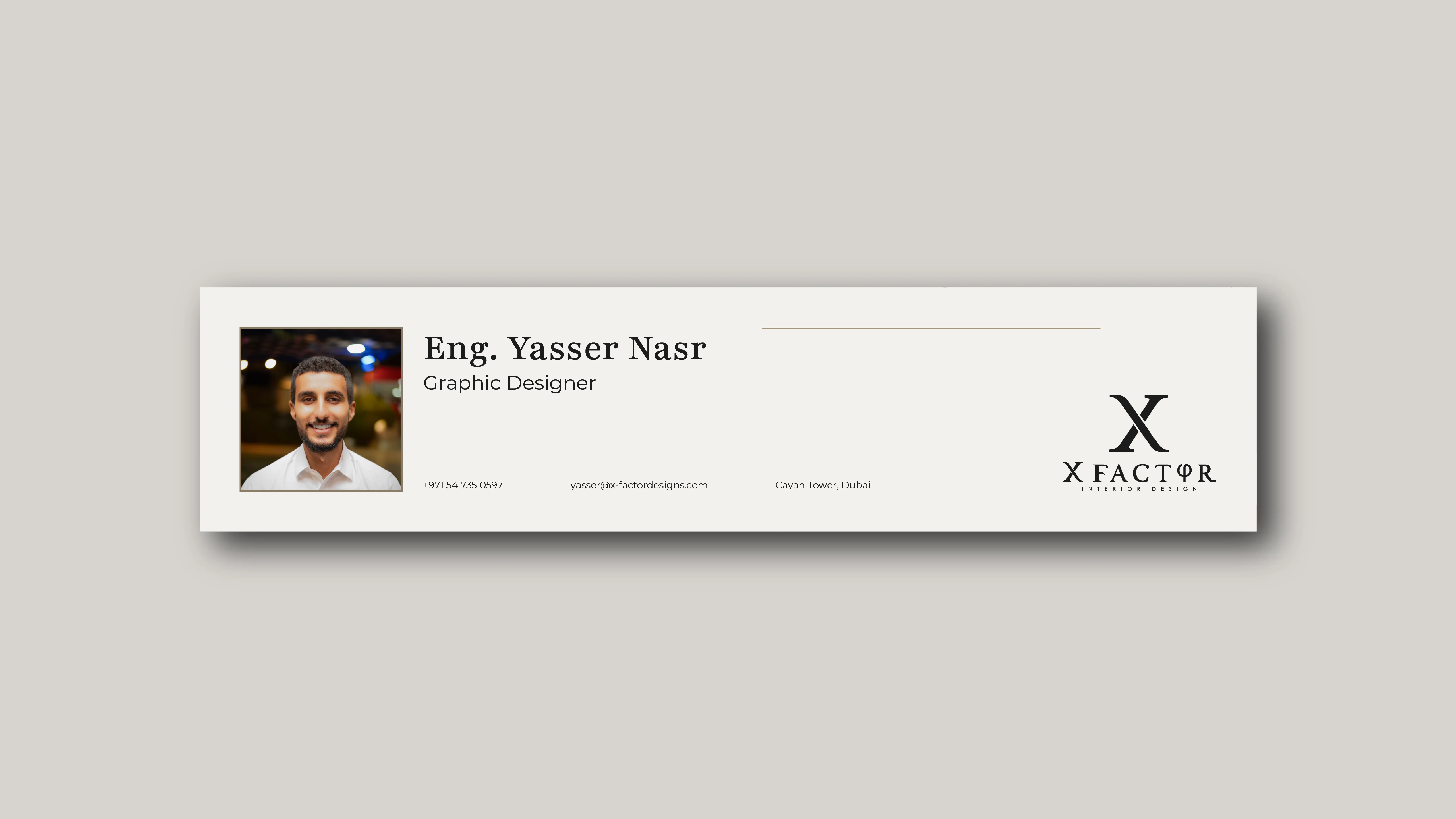 X Factor Interior Design branded email signature design with contact details and Dubai studio logo