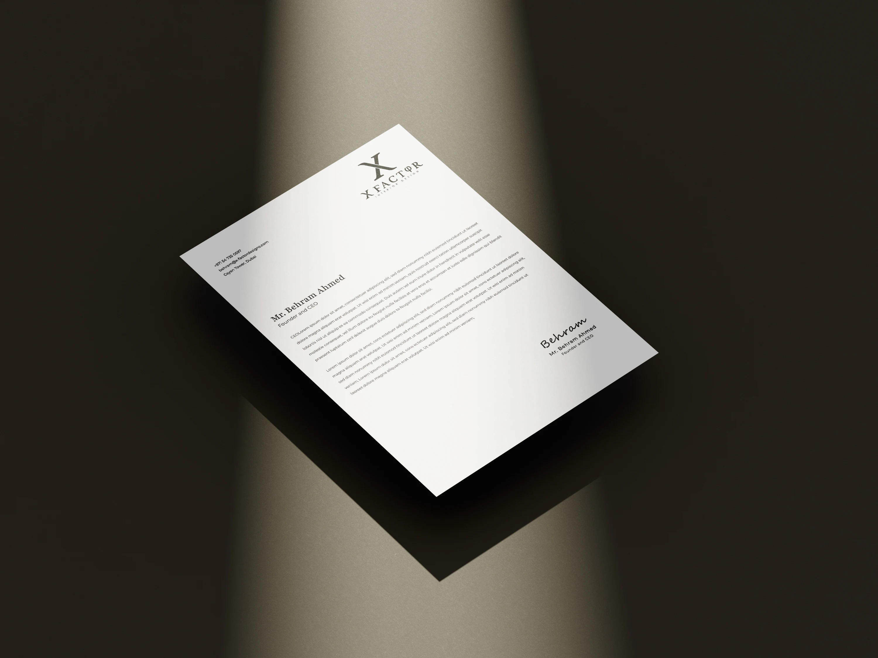 X Factor Interior Design premium letterhead branding mockup for corporate correspondence in Dubai