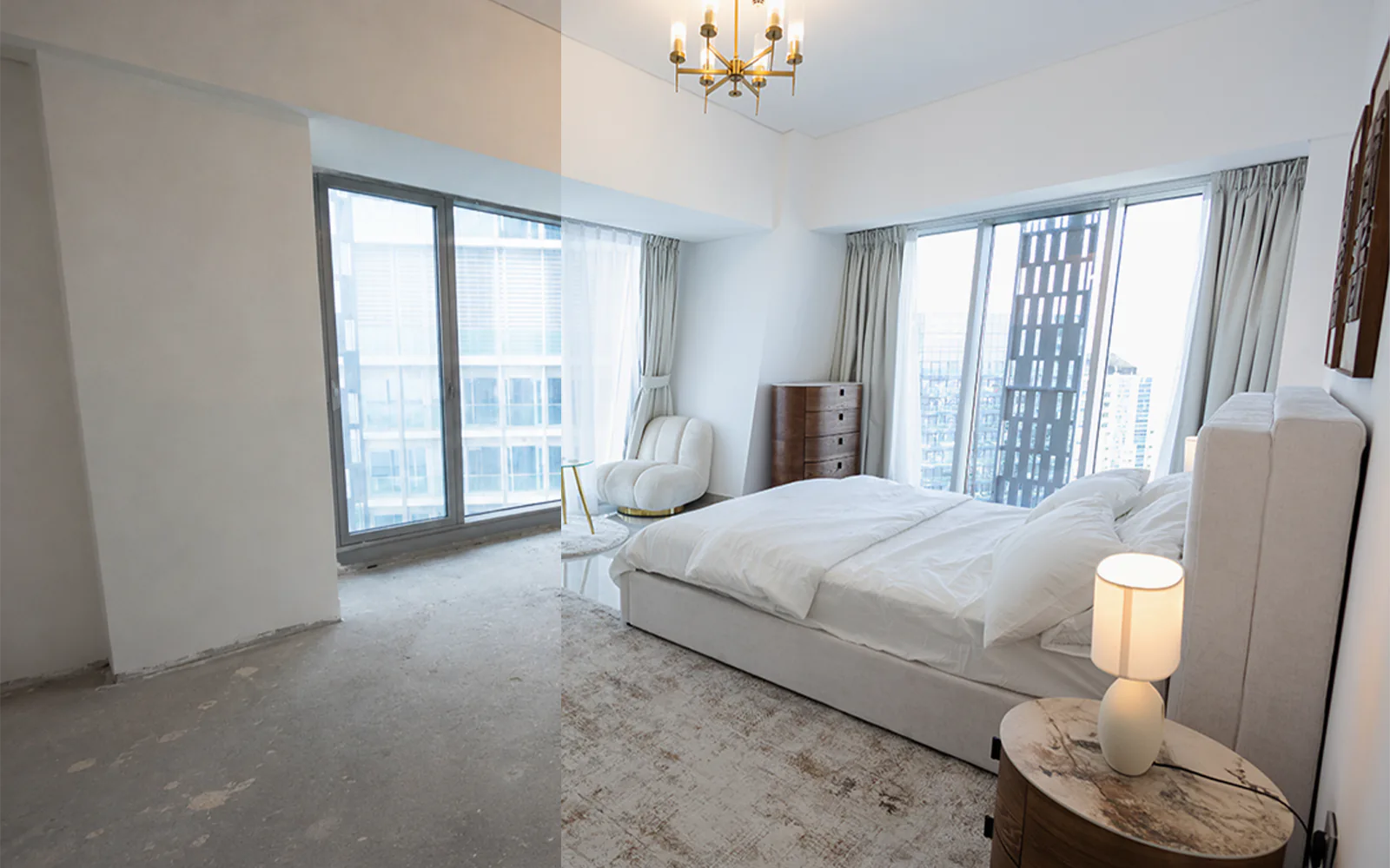 Before-and-after view of an unfinished Dubai bedroom transformed into a refined residential interior.