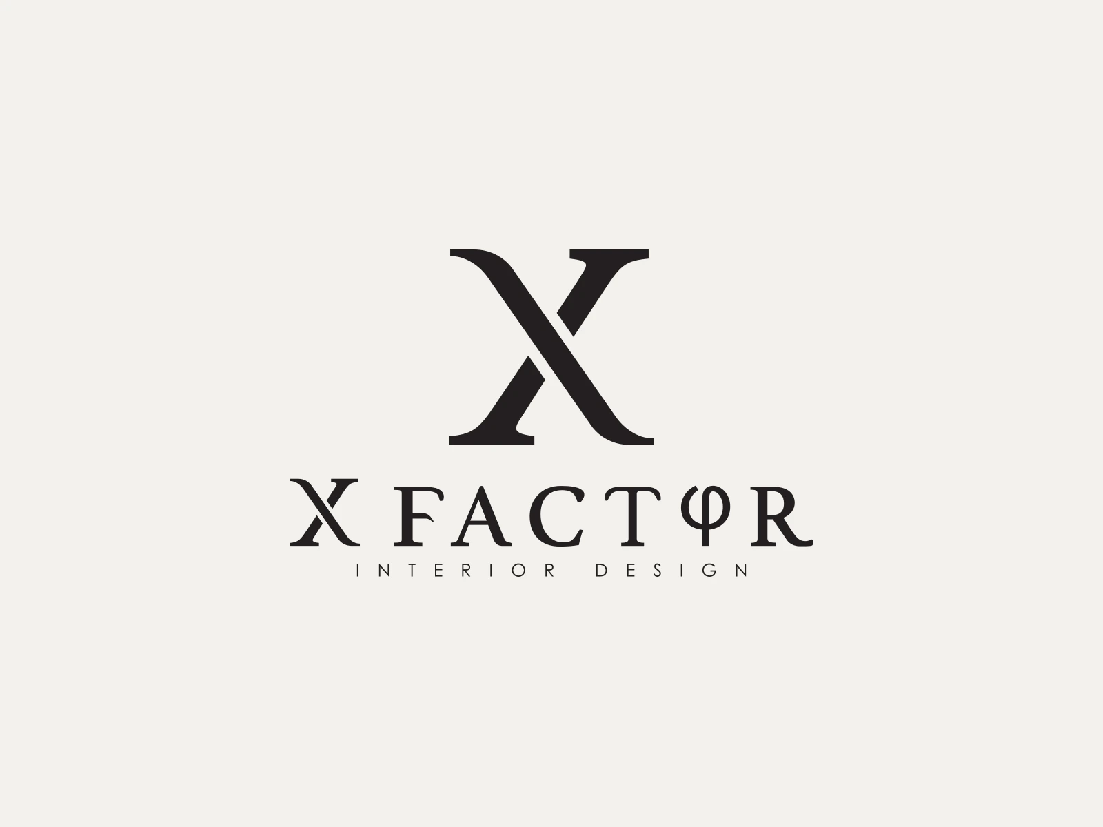 X Factor Interior Design vertical logo on a refined warm-stone brand identity cover.